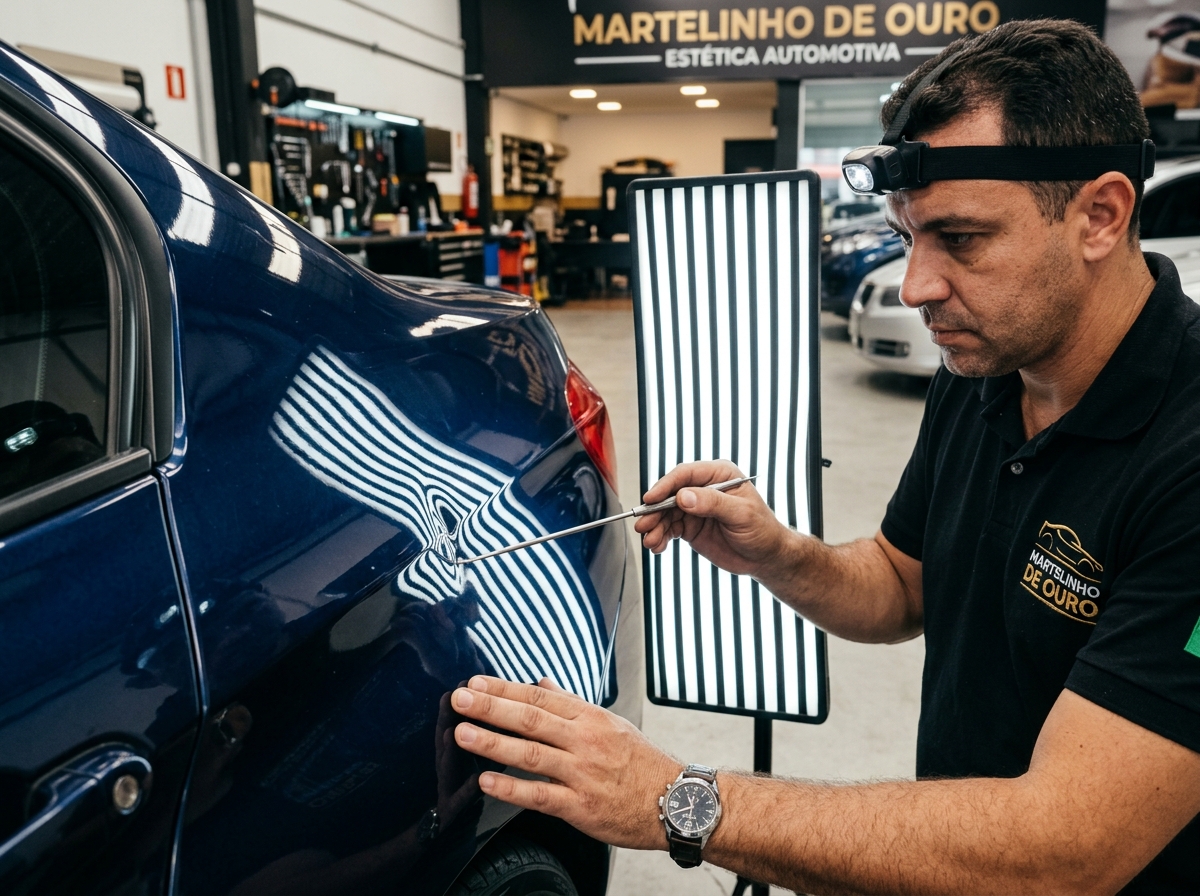 Técnico de martelinho de ouro usando régua de reflexo LED na Jhon Car