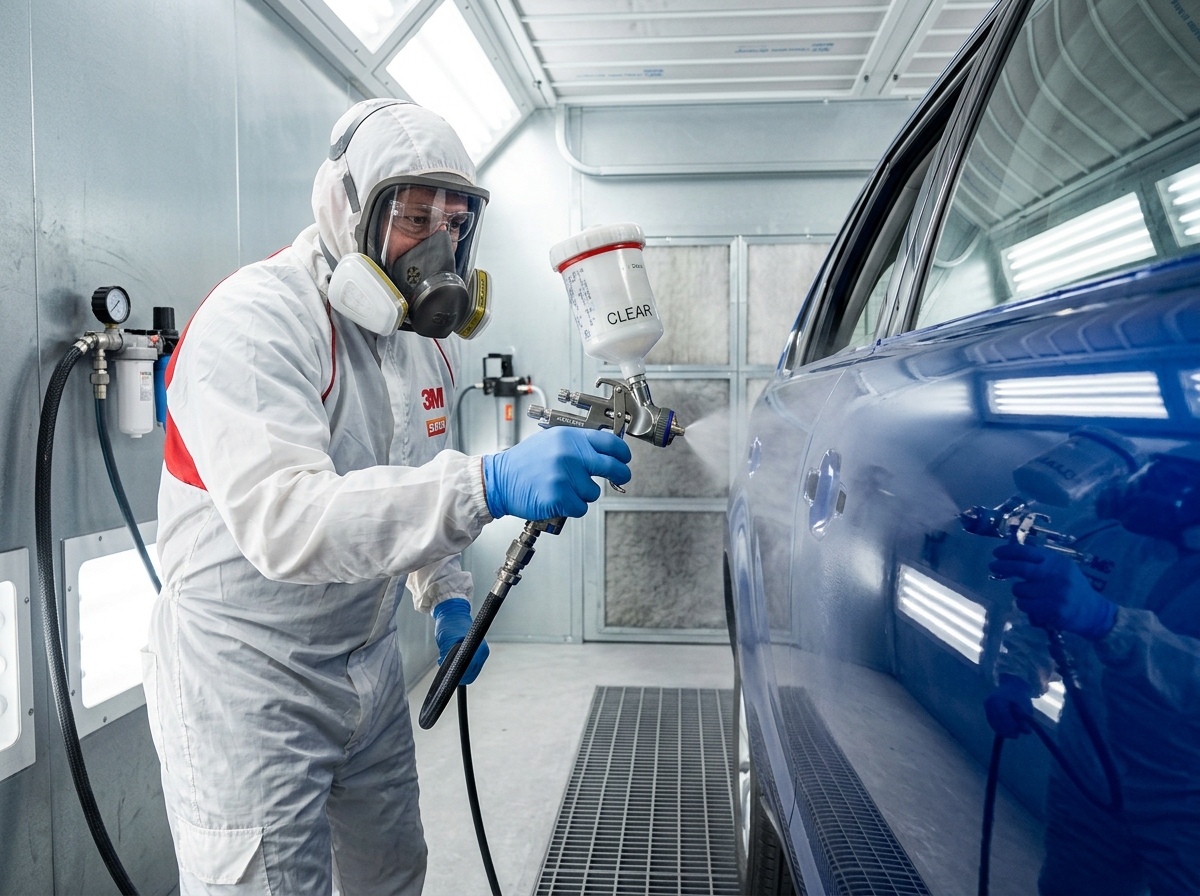 Pintor automotivo aplicando verniz em estufa pressurizada na Jhon Car